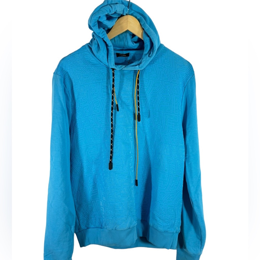 FENDI Light Blue Cotton FF Monogram Men's Unisex Hoodie Sweater Made in Italy M